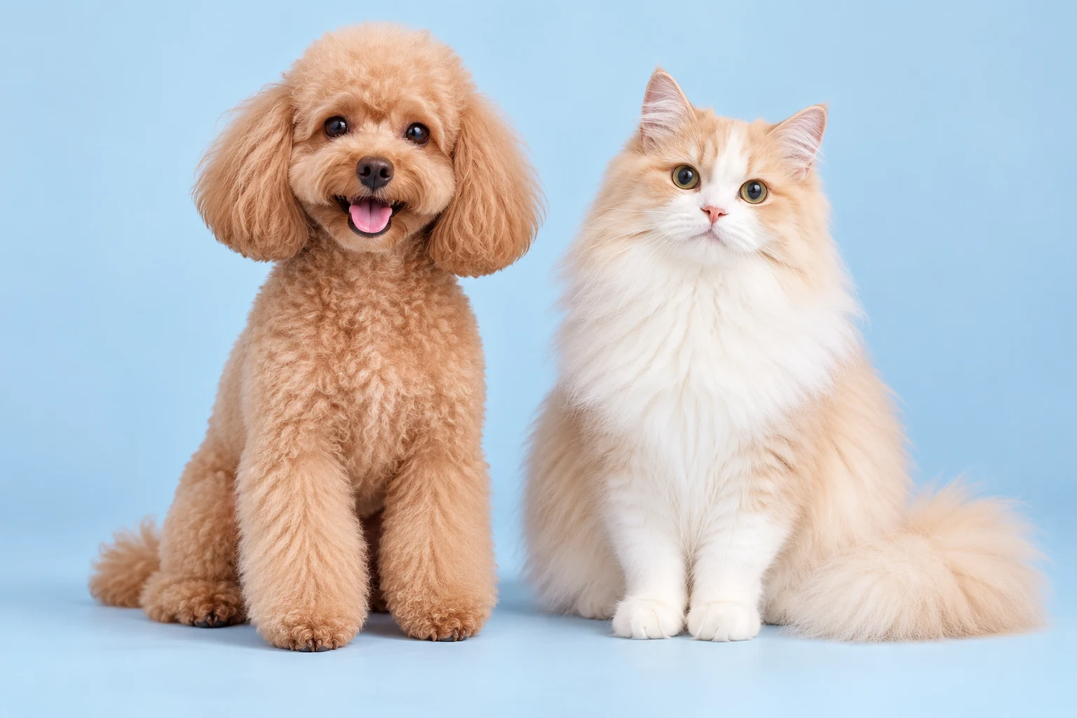 A fluffy apricot poodle and cream cat sitting side by side